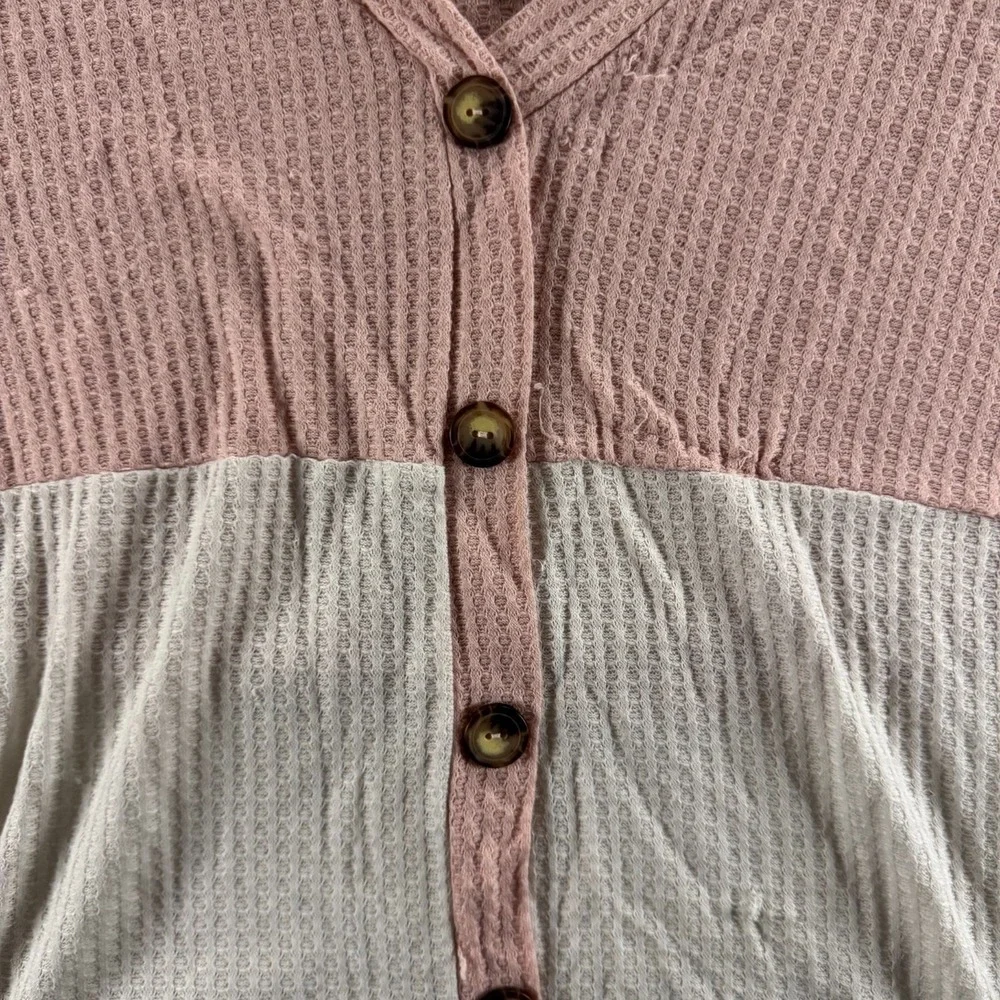 Liberty Love Waffle Knit Top Womens L Pink White Good Colorblock Button Front